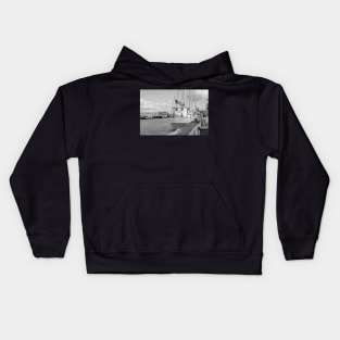 Sailing boat moored in Great Yarmouth harbour Kids Hoodie
